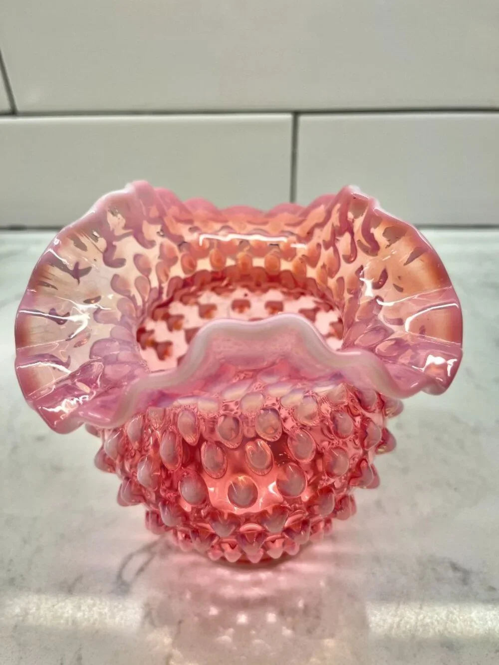 Fenton Glass Vase in the Cranberry Opalescent Hobnail Pattern